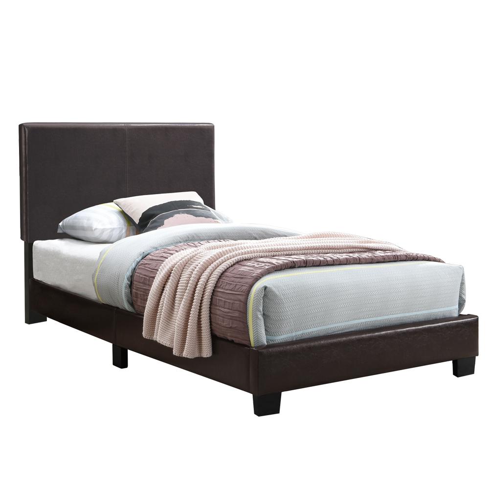 Poundex Twin Upholstered Bed Frame with Slats in Brown Faux Leather, Headboard, 84" L x 42" W x 43" H , Package Weight 56. Picture 1