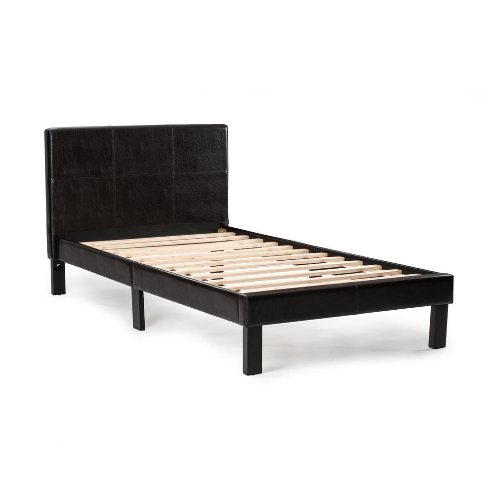 Poundex Twin Upholstered Bed Frame with Slats in Espresso Faux Leather, 82" L x 41" W x 36" H , Package Weight 54. Picture 1