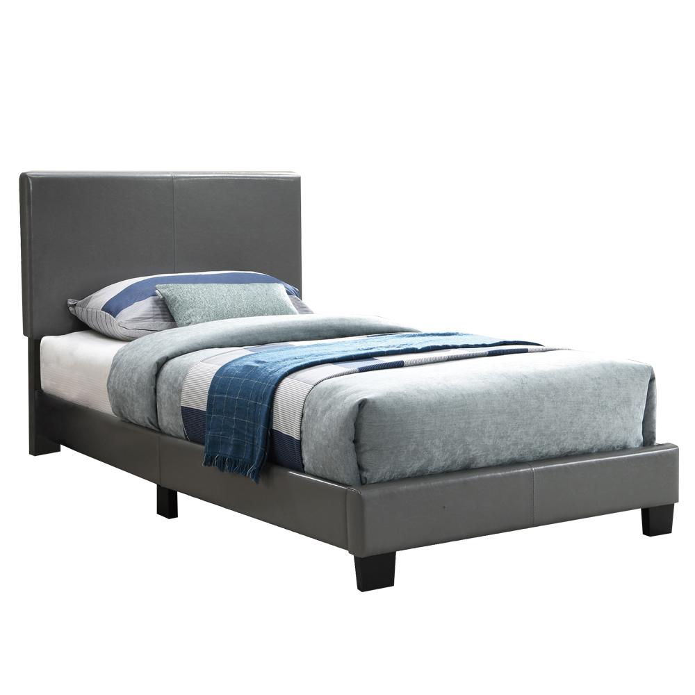 Poundex Twin Upholstered Bed Frame with Slats in Gray Faux Leather, Headboard, 84" L x 42" W x 43" H , Package Weight 56. The main picture.