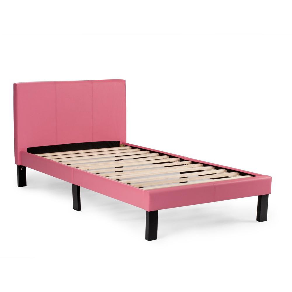 Poundex Twin Upholstered Bed Frame with Slats in Pink Faux Leather, 82" L x 41" W x 36" H , Package Weight 53. Picture 3