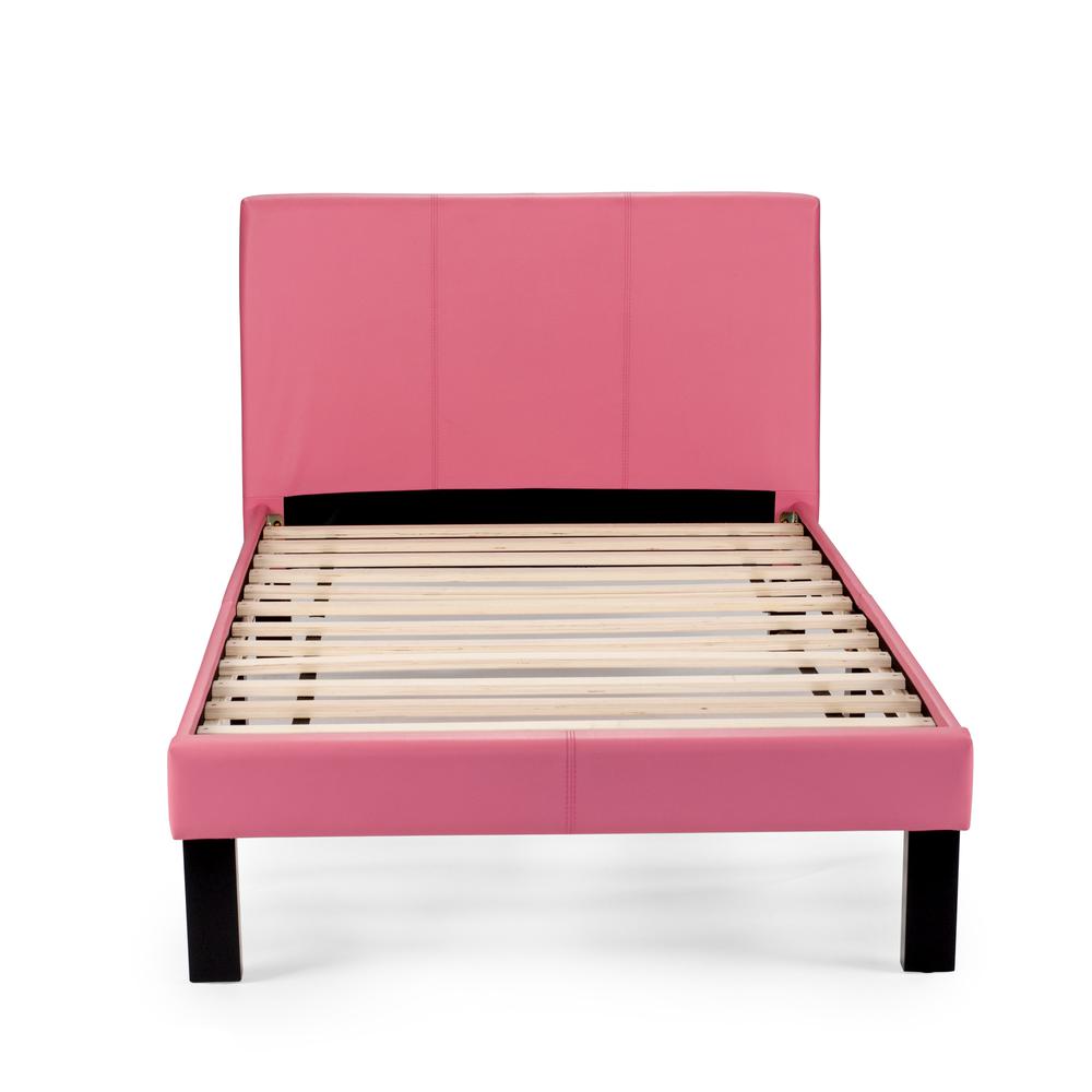 Poundex Twin Upholstered Bed Frame with Slats in Pink Faux Leather, 82" L x 41" W x 36" H , Package Weight 53. Picture 1