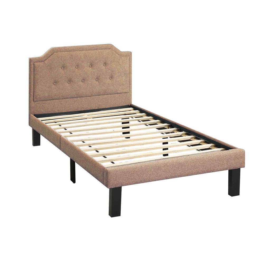 Poundex Twin Upholstered Bed Frame with Slats in Brown Tan Fabric, 86" L x 43" W x 38" H , Package Weight 56. Picture 2