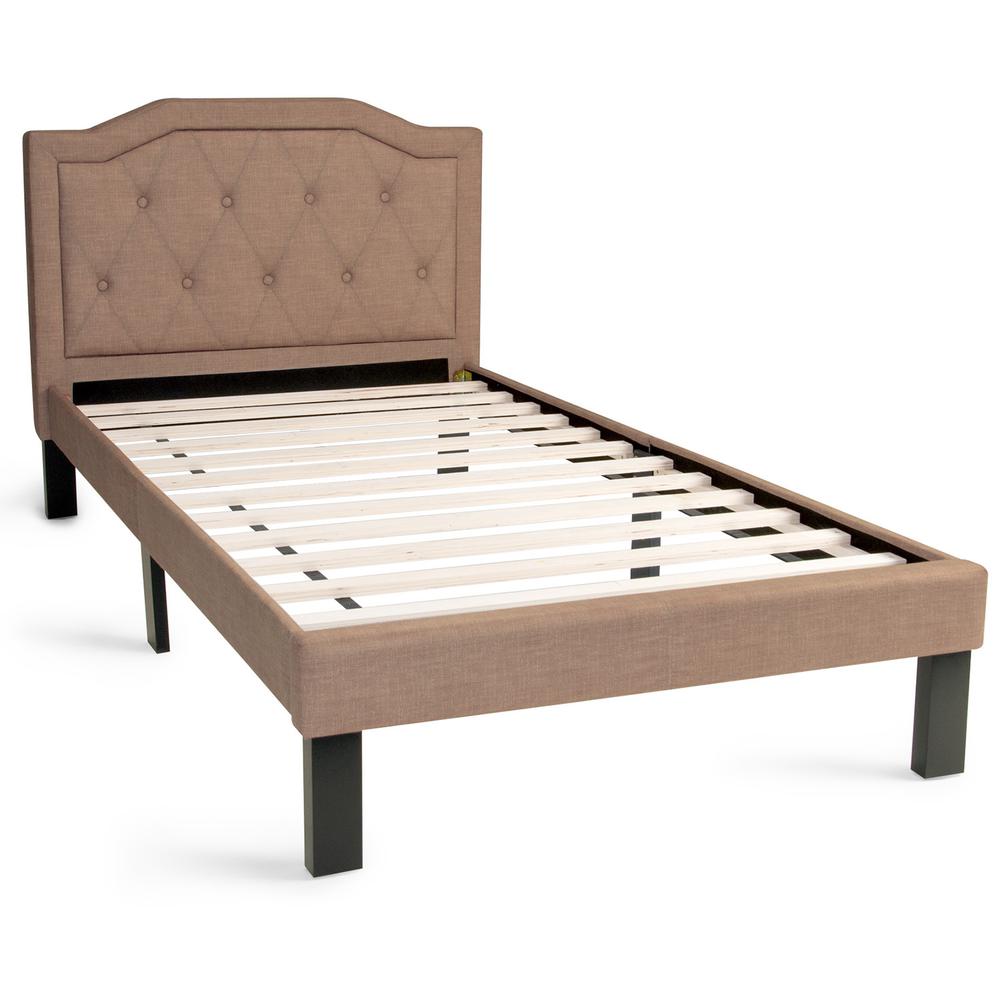 Poundex Twin Upholstered Bed Frame with Slats in Brown Tan Fabric, 86" L x 43" W x 38" H , Package Weight 56. The main picture.