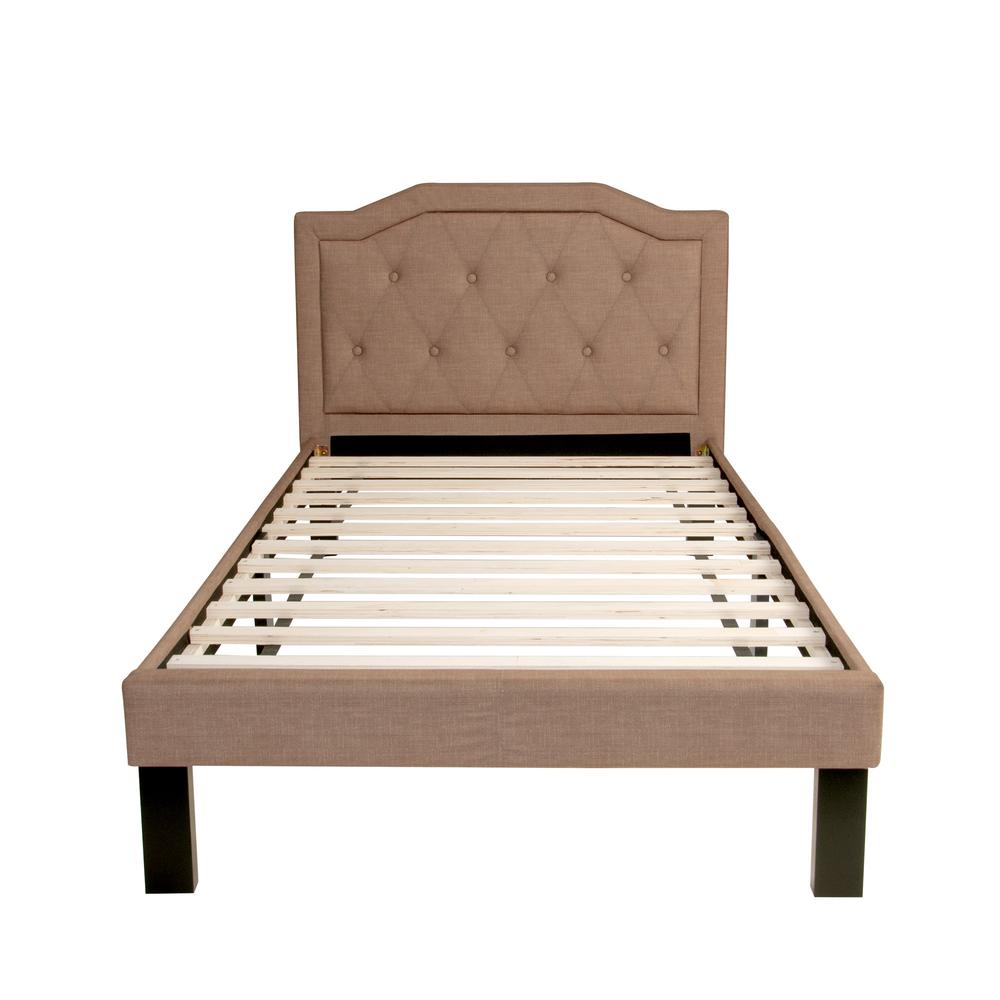 Poundex Twin Upholstered Bed Frame with Slats in Brown Tan Fabric, 86" L x 43" W x 38" H , Package Weight 56. Picture 3