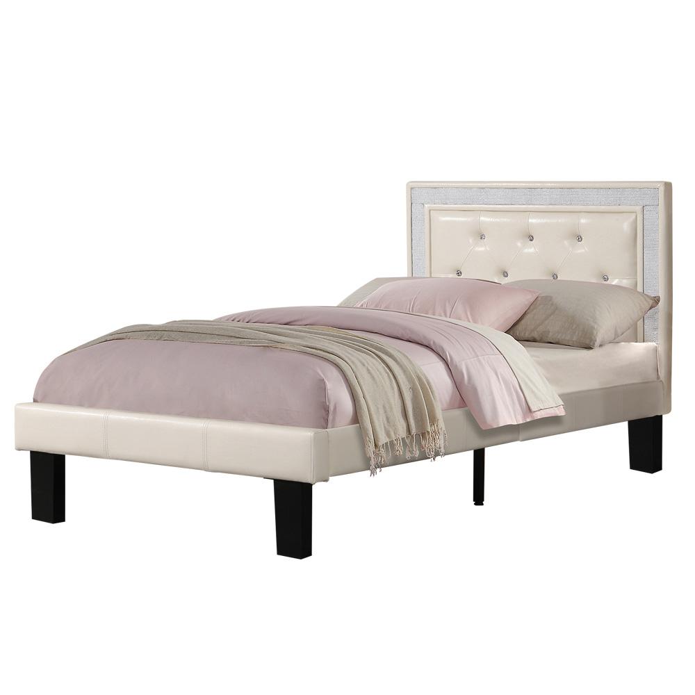 Poundex Twin Upholstered Bed Frame with Slats in Cream Faux Leather, 80" L x 40" W x 38" H , Package Weight 65. The main picture.