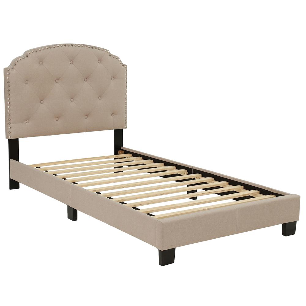 Poundex Twin Upholstered Bed Frame with Slats in Light Brown Burlap Fabric, 84" L x 42" W x 43" H , Package Weight 57. The main picture.