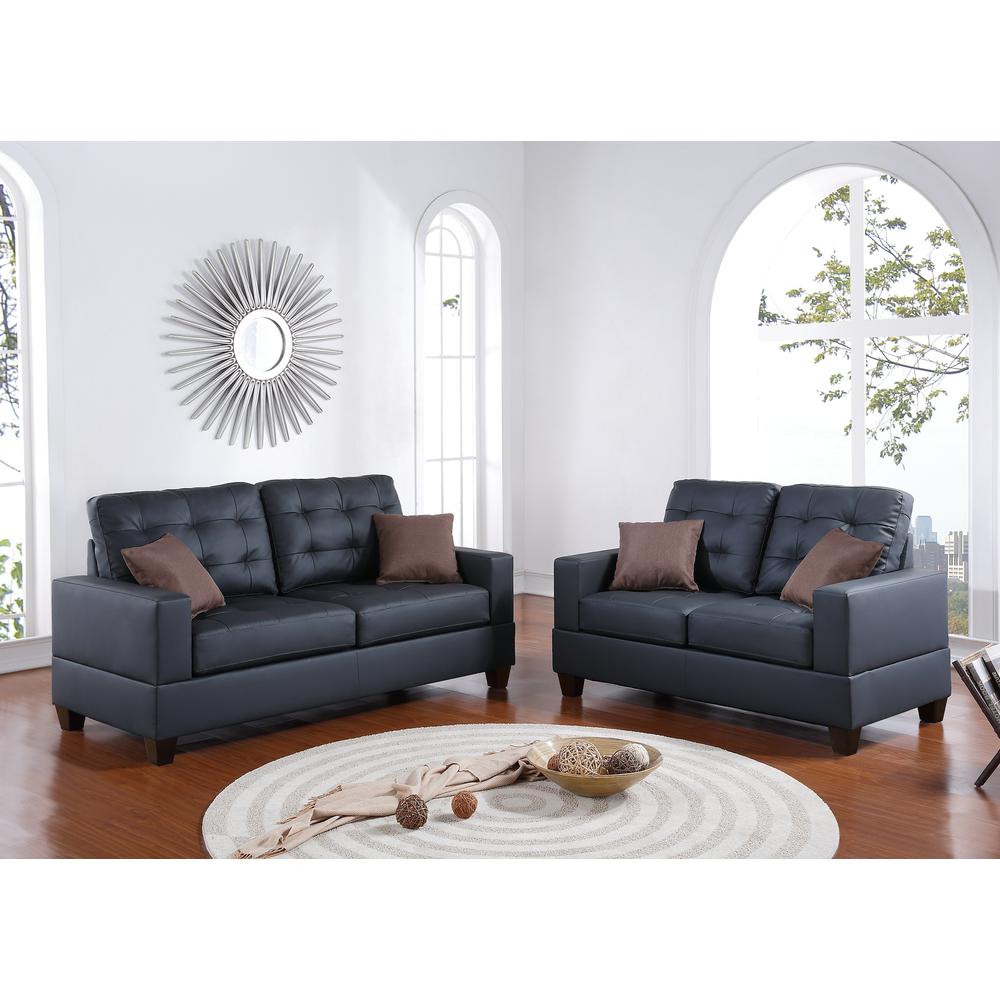 Poundex 2 Piece Faux Leather Sofa and Loveseat Set in Black Color, Sofa 72" W x 33" D x 35" H, Loveseat 56" W x 33" D x 35" H, Package Weight 82. Picture 1