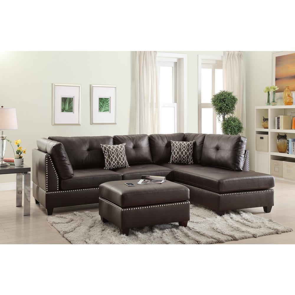 Poundex 3 Piece Faux Leather Sectional Set with Ottoman in Espresso, 104" W x 75" D x 35" H, Package Weight 108. Picture 2