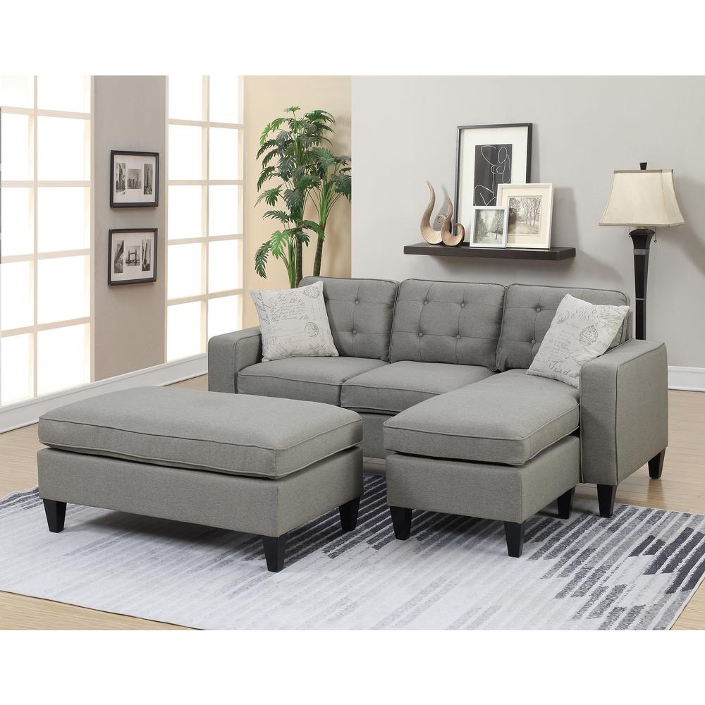 Poundex Reversible Chaise Sectional and Ottoman in Light Gray Fabric, Reversible Sectional: 81" W x 60" D x 34" H ; Ottoman: 45" W x 26" D x 19" H, Package Weight 159. Picture 5