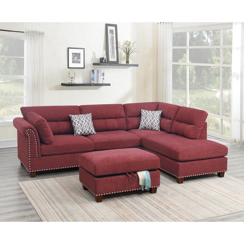 3 Piece Fabric Sectional Sofa Set with Storage Ottoman in Paprika Red. Picture 1