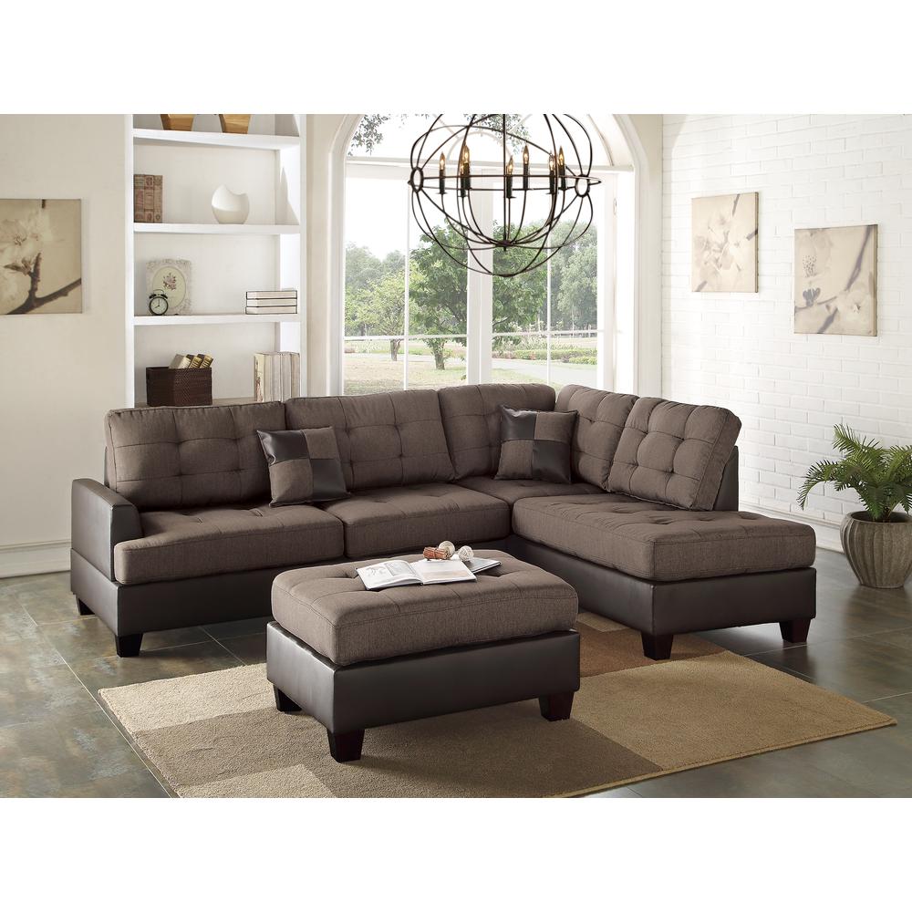 Poundex 3 Piece Fabric Sectional Set with Ottoman in Chocolate Color, 104" W x 75" D x 35" H, Package Weight 96. Picture 2