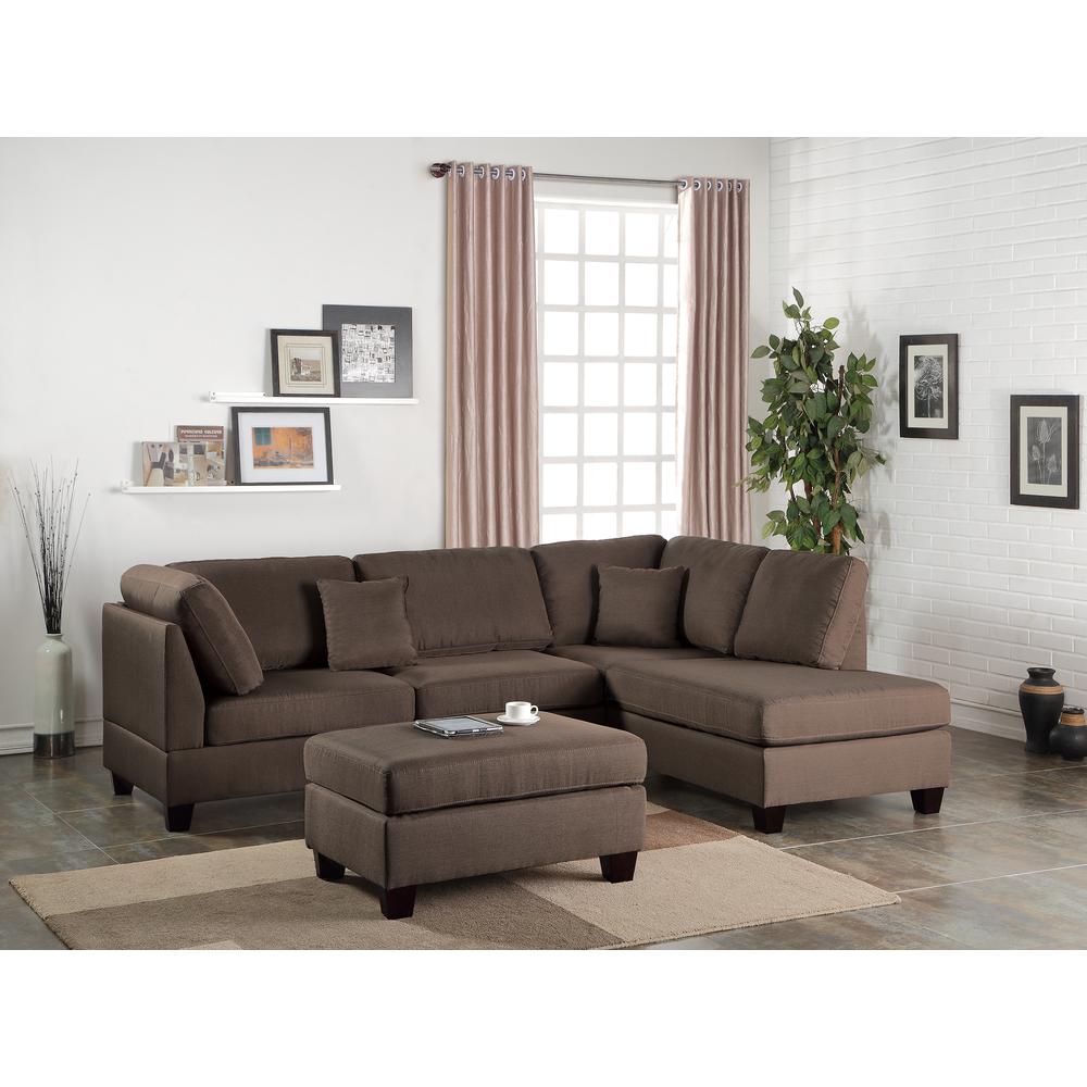 Poundex 3 Piece Fabric Sectional Set with Ottoman in Chocolate, 104" W x 75" D x 35" H, Package Weight 87. Picture 5