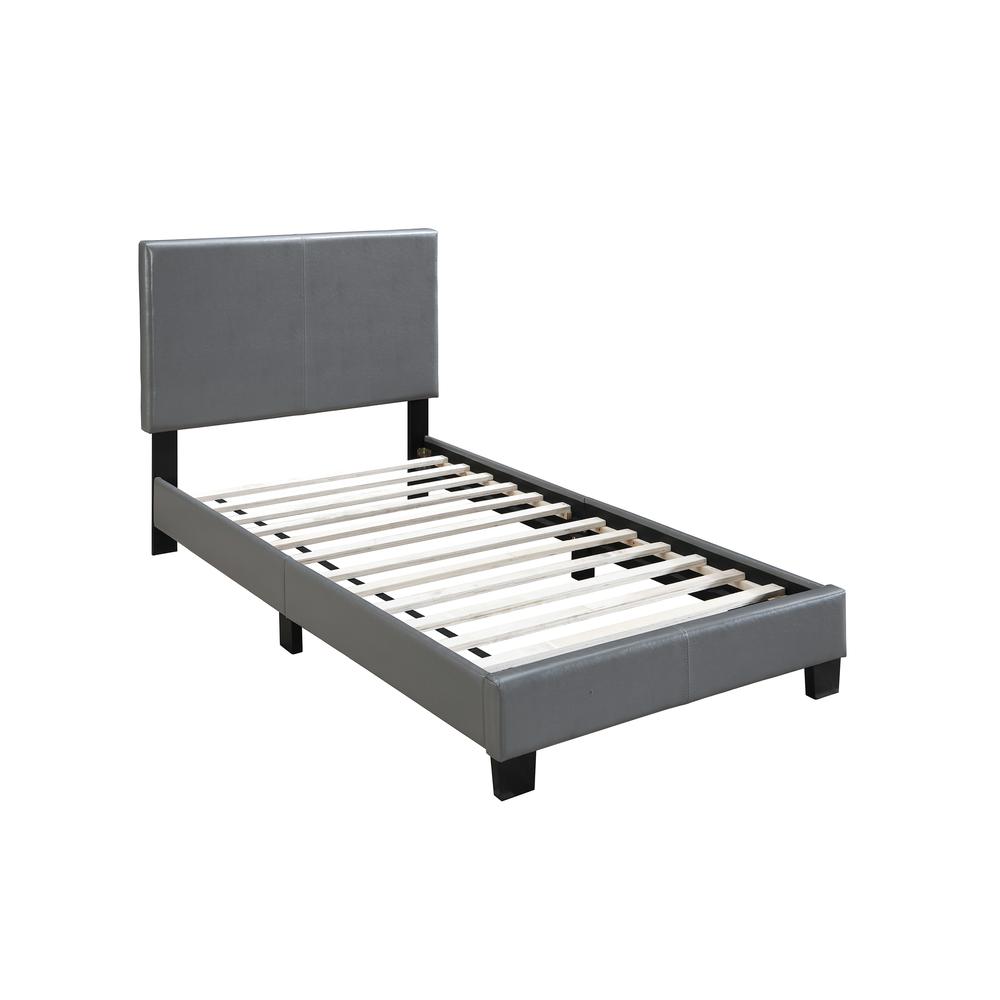 Poundex Twin Upholstered Bed Frame with Slats in Gray Faux Leather, Headboard, 84" L x 42" W x 43" H , Package Weight 56. Picture 3