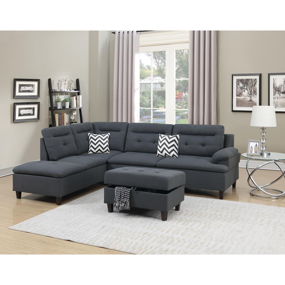 Poundex 3 Piece Fabric Sectional Set with Storage Ottoman in Charcoal Gray, 105" W x 77" D x 37" H, Package Weight 96. Picture 2