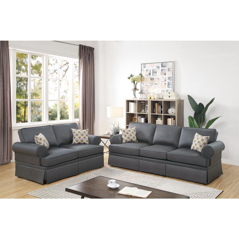 Poundex 2 Pieces Fabric Sofa Set in Charcoal Gray Color, Sofa 89" W x 34" D x 35" H, Loveseat 66" W x 34" D x 35" H, Package Weight 90. Picture 4