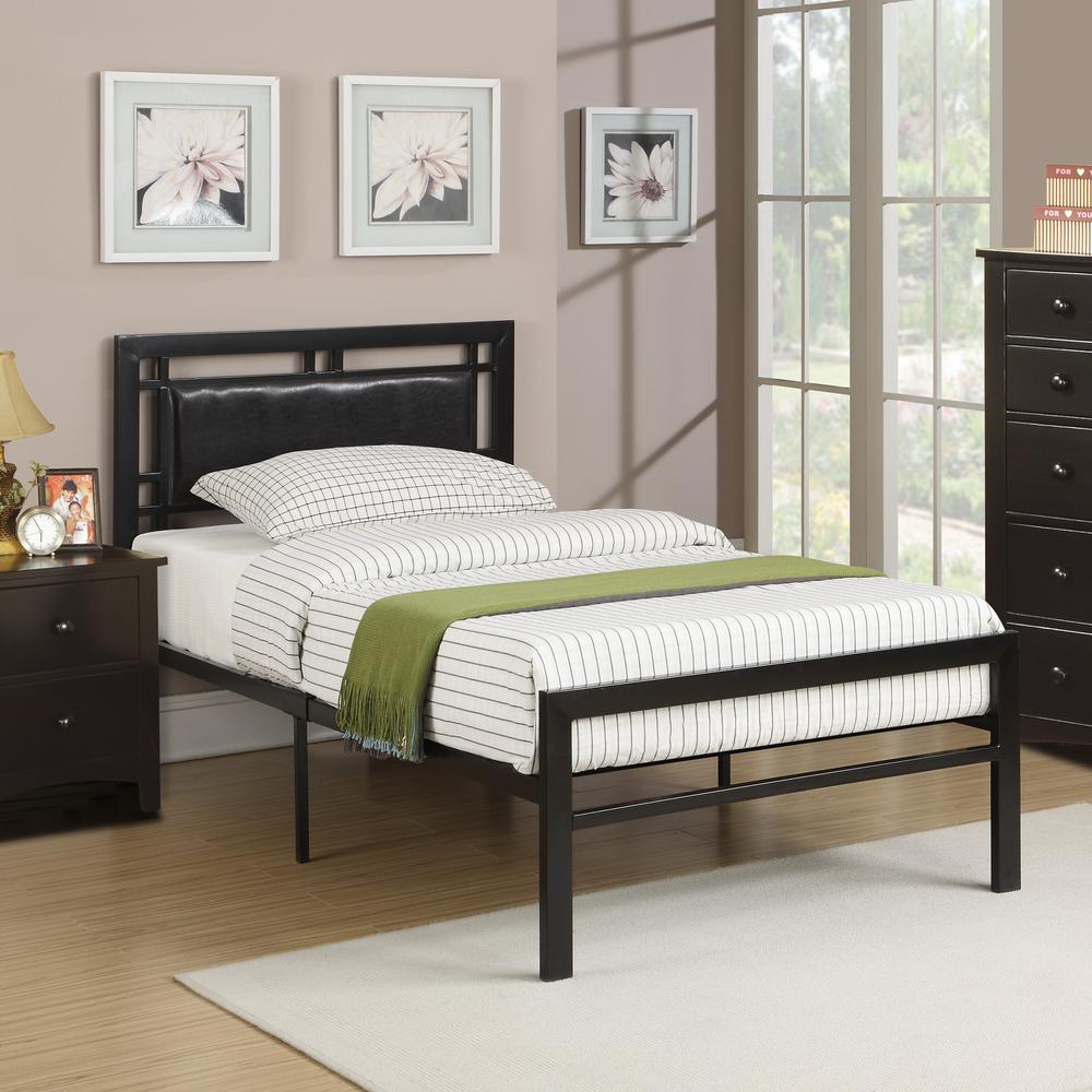 Furniture  Twin  Bed With  Metal Frame in Black With Faux Leather. Picture 1