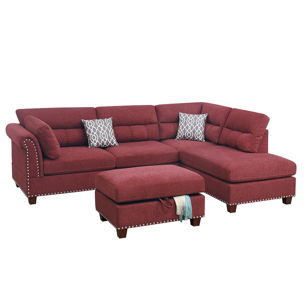 3 Piece Fabric Sectional Sofa Set with Storage Ottoman in Paprika Red. Picture 2