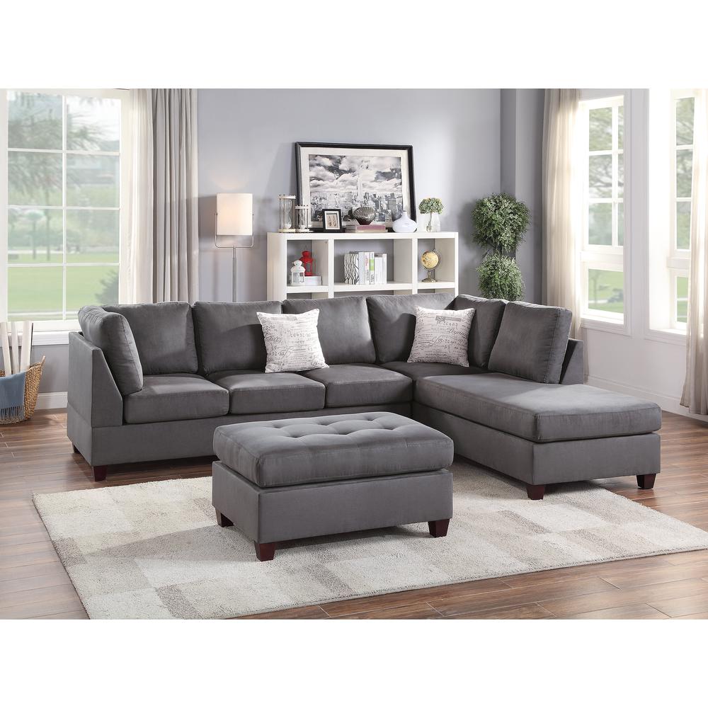 Poundex 3 Piece Fabric Sectional Set with Ottoman in Gray, 112" W x 84" D x 35" H, Package Weight 103. Picture 5