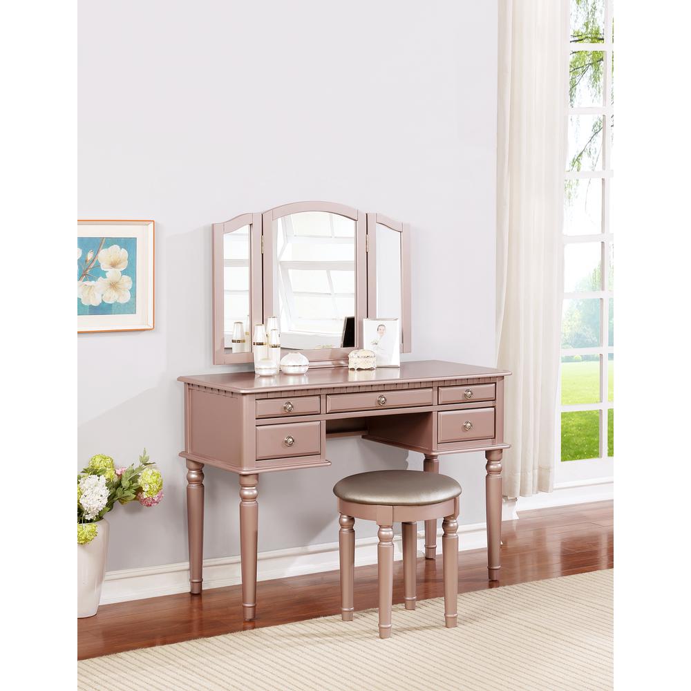 Poundex Wooden Makeup Vanity Set Desk, Mirror and Stool - Rose Gold, 43" W x 19" D x 54" H, Package Weight 91. Picture 8