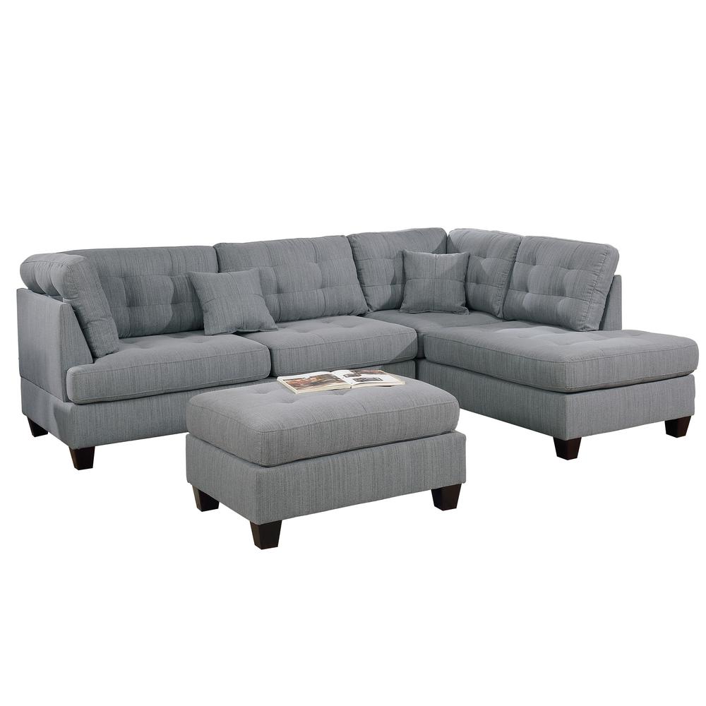 Fabric 3 Piece Sectional Sofa Set with Ottoman in Gray. Picture 2
