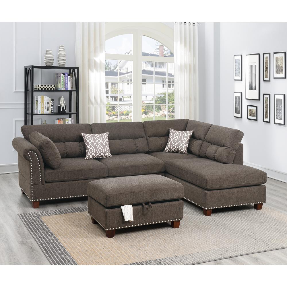 3 Piece Fabric Sectional Sofa Set with Storage Ottoman in Tan Brown. Picture 1