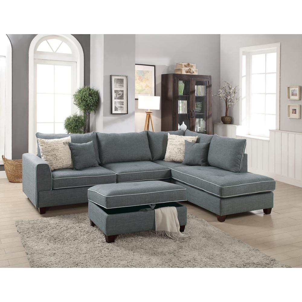 Poundex 3 Piece Fabric Sectional with Storage Ottoman in Steel Gray, 105" W x 75" D x 35" H , Package Weight 100. Picture 7