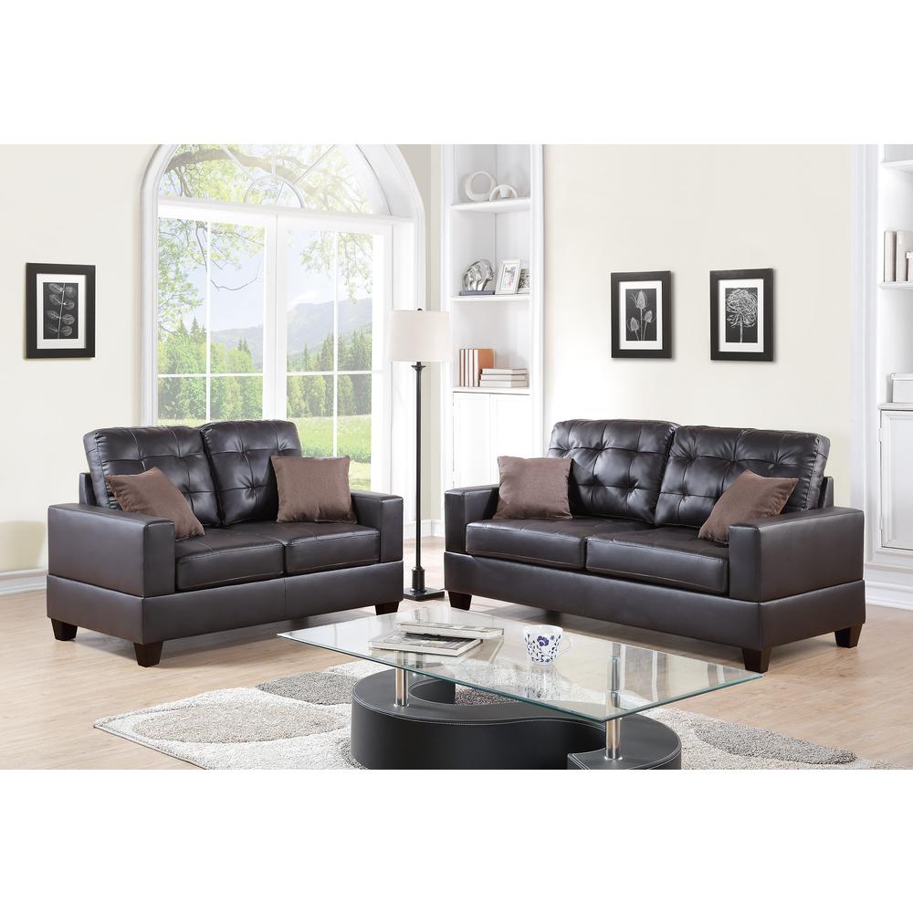 Poundex 2 Piece Faux Leather Sofa and Loveseat Set in Espresso, Sofa 72" W x 33" D x 35" H, Loveseat 56" W x 33" D x 35" H, Package Weight 82. Picture 1