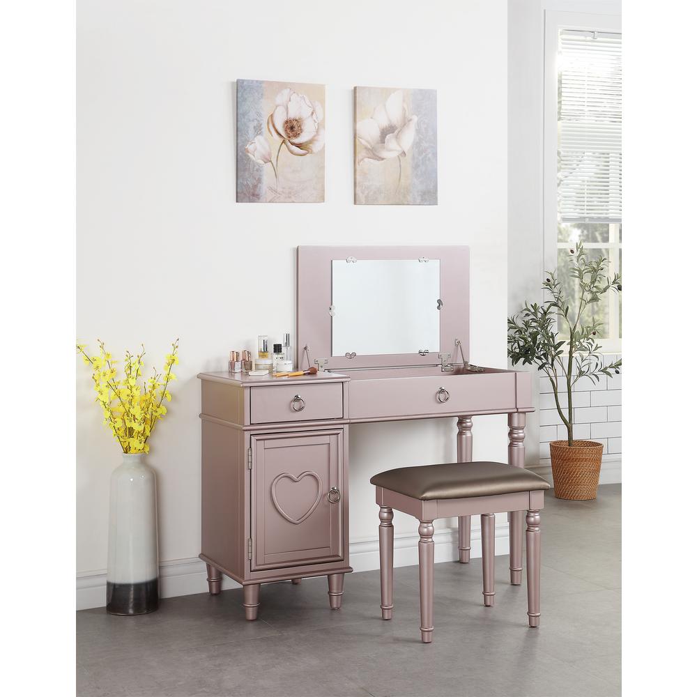 Poundex Wooden Makeup Vanity Set Desk, Mirror and Stool - Rose Gold, 43" W x 18" D x 30" up-to 47" H, Package Weight 90. Picture 3