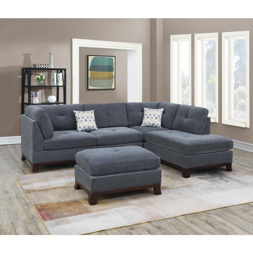 Poundex 3 Piece Fabric Sectional Set with Ottoman in Ash Gray, 104" W x 75" D x 35" H, Package Weight 102. Picture 6