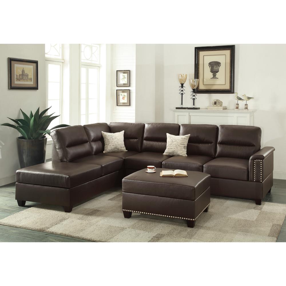 Poundex 3 Piece Faux Leather Sectional Set with Ottoman in Espresso, 112" W x 84" D x 35" H, Package Weight 107. Picture 2