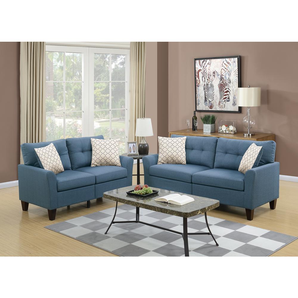 Poundex 2 Piece Fabric Sofa Loveseat Set in Blue Color, Sofa 72" W x 32" D x 35" H, Loveseat 58" W x 32" D x 35" H, Package Weight 82. Picture 5