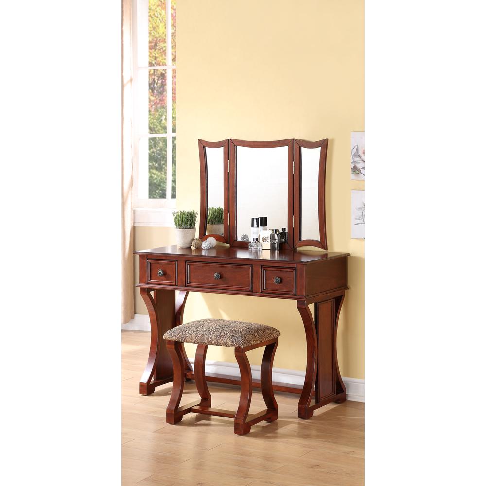 Poundex Wooden Makeup Vanity Set Desk, Mirror and Stool - Cherry, 43" W x 19" D x 54" H, Package Weight 89. Picture 2