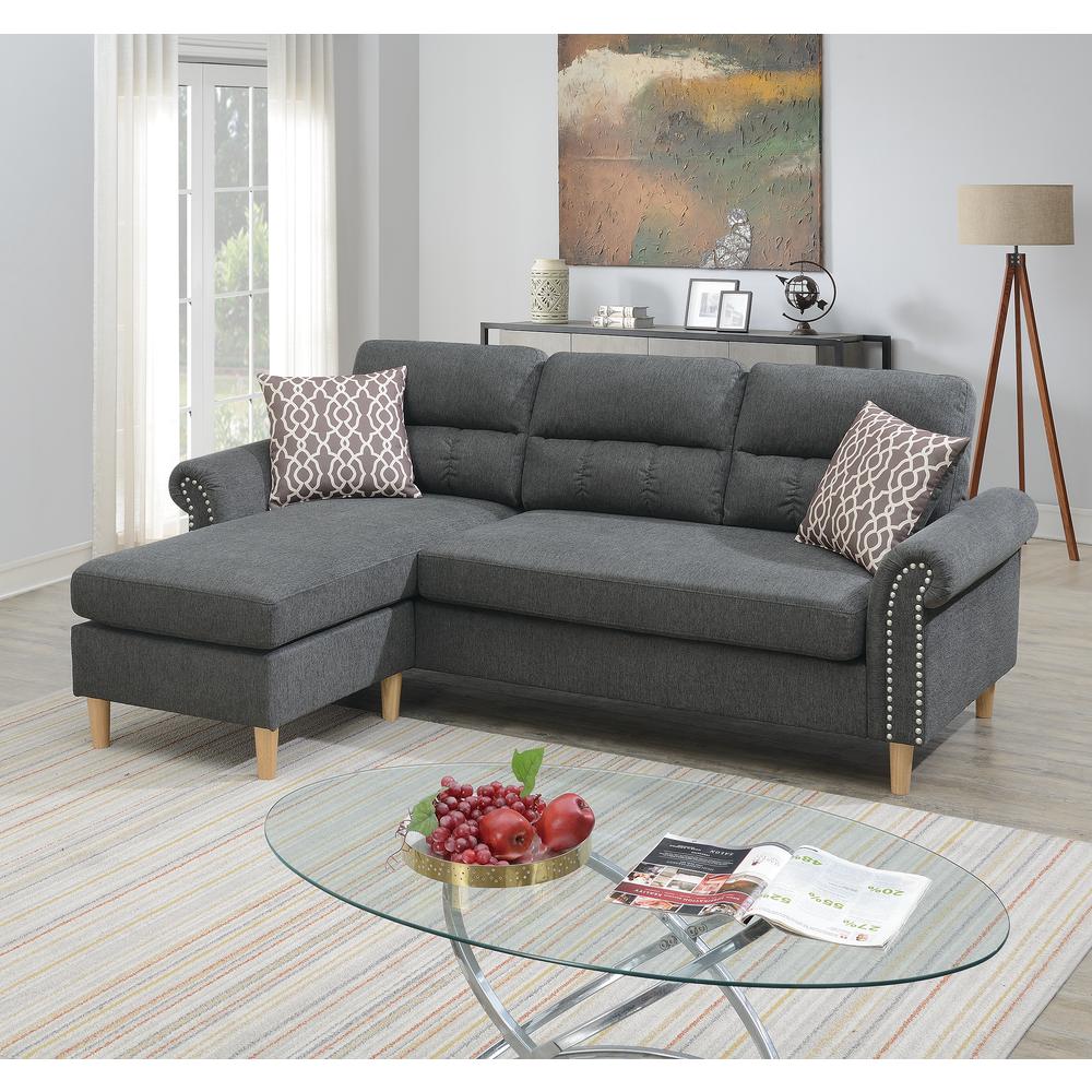 Poundex Reversible Chaise Sectional Set in Slate Gray Fabric, 87" W x 59" D x 36" H, Package Weight 139. Picture 1