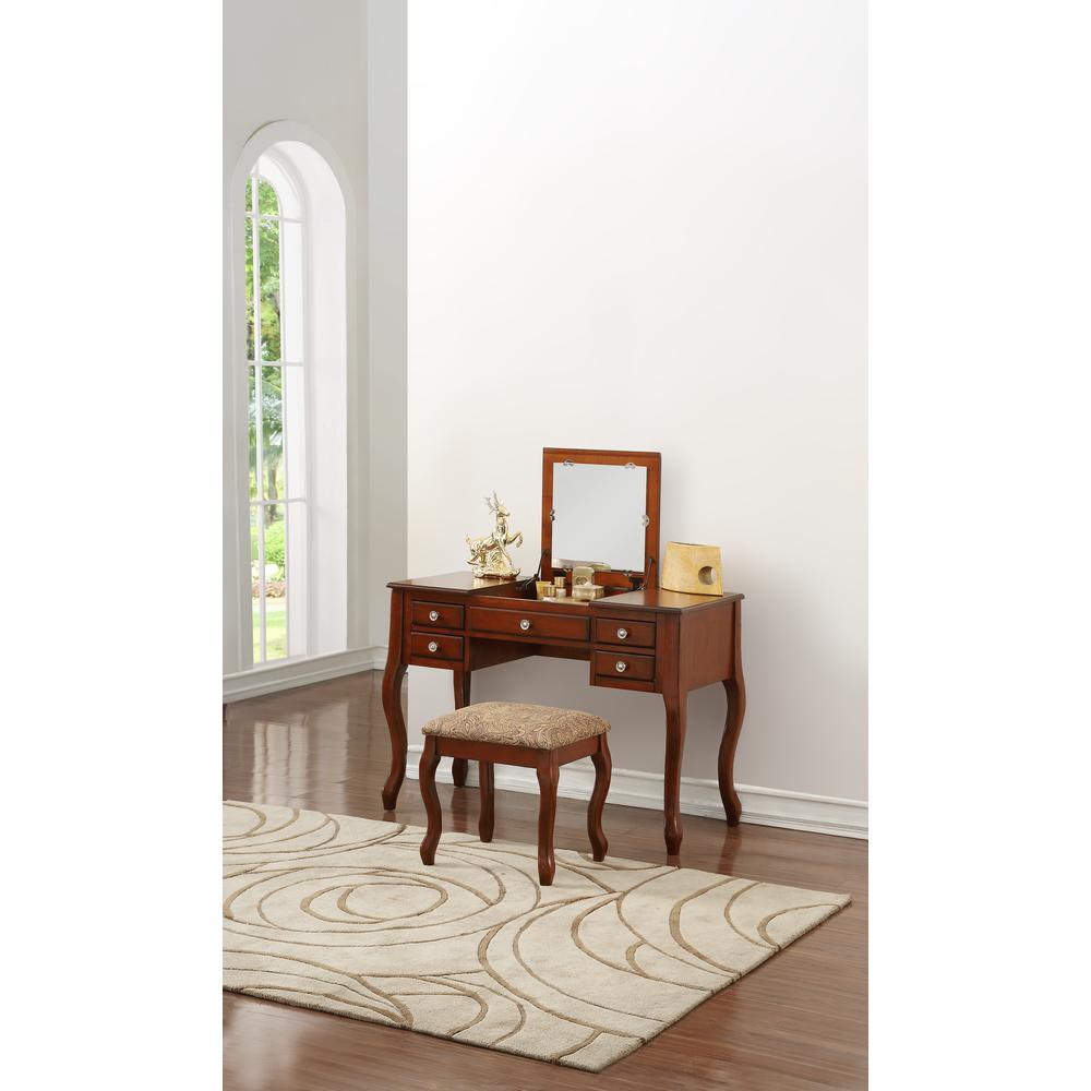Poundex Wooden Makeup Vanity Set Desk, Mirror and Stool - Cherry, 43" W x 18" D x 30" up-to 47" H, Package Weight 80. Picture 3