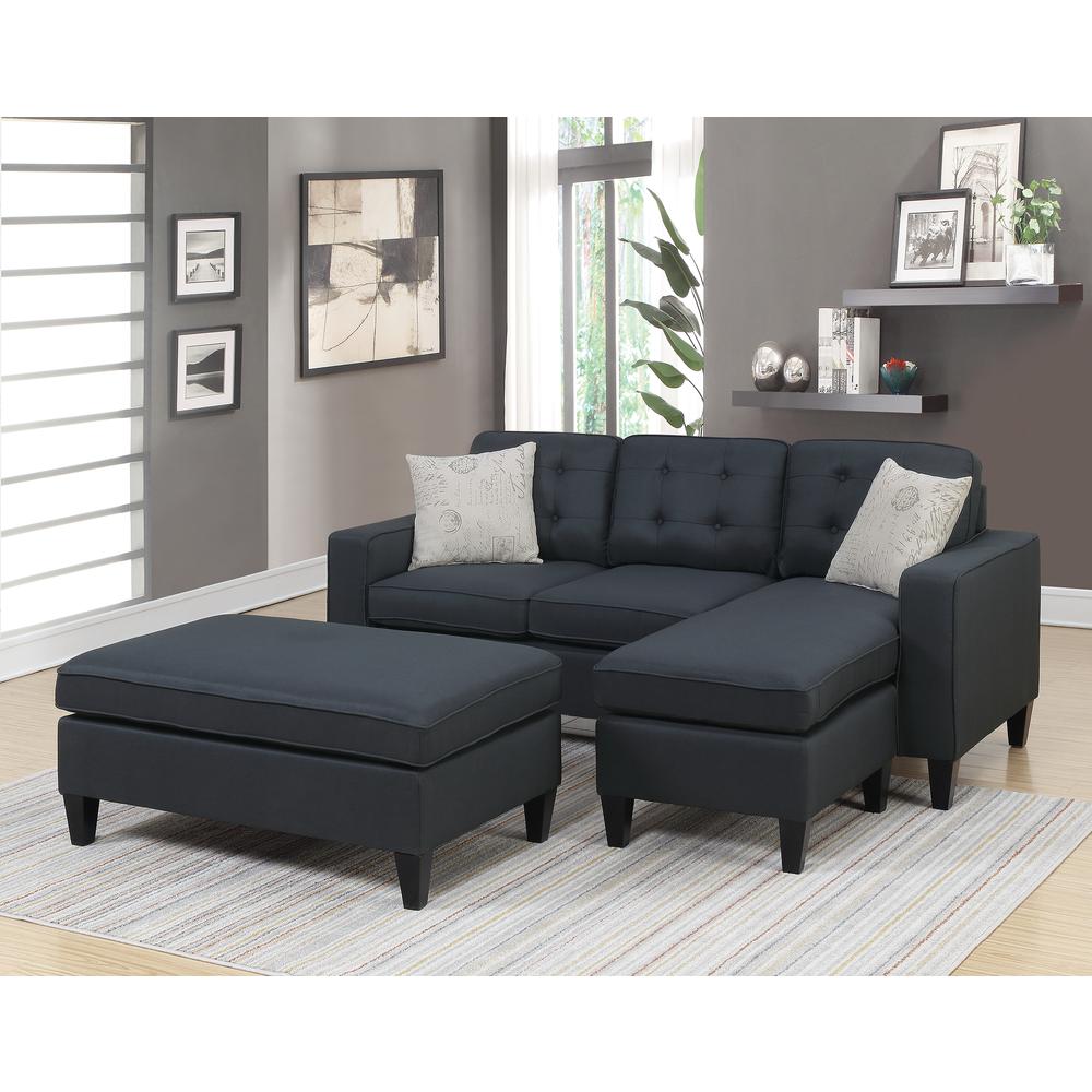 Poundex Reversible Chaise Sectional and Ottoman in Black Fabric, Reversible Sectional: 81" W x 60" D x 34" H ; Ottoman: 45" W x 26" D x 19" H, Package Weight 159. Picture 4