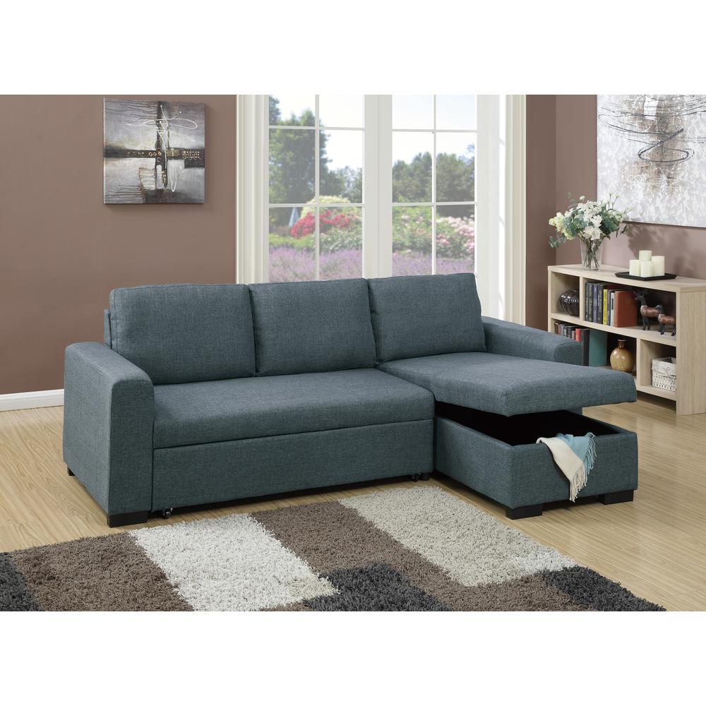 Furniture Polyfiber Fabric Convertible Sectional in Blue Grey. Picture 1