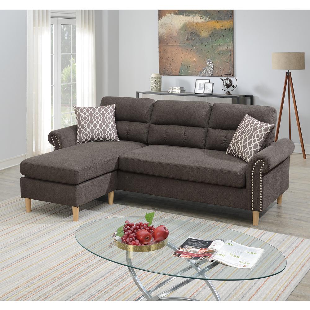 Poundex Reversible Chaise Sectional Set in Tan Brown Fabric, 87" W x 59" D x 36" H, Package Weight 139. Picture 1