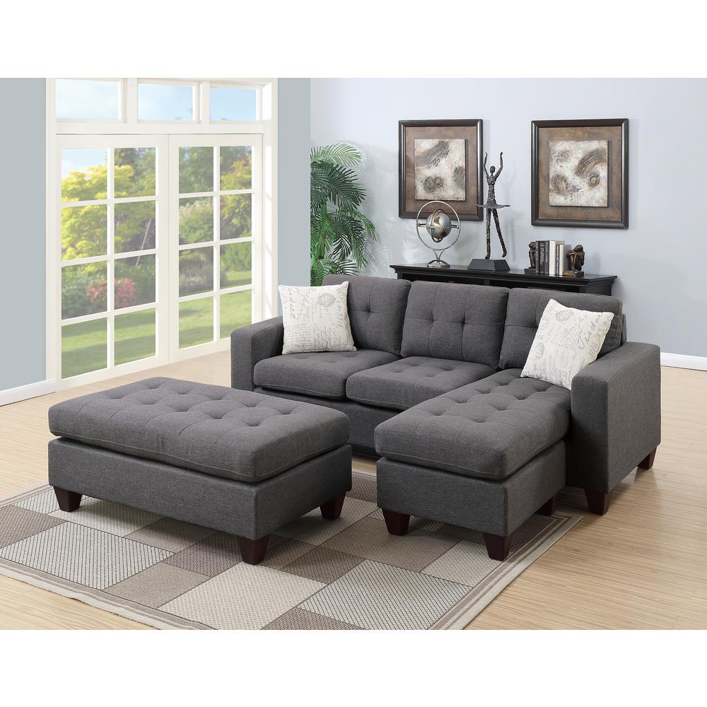 Poundex Reversible Chaise Sectional and Ottoman in Blue Gray Fabric, Reversible Sectional 81" W x 60" D x 34" H, Cocktail Ottoman: 45" W x 26" D x 19" H, Package Weight 159. Picture 5