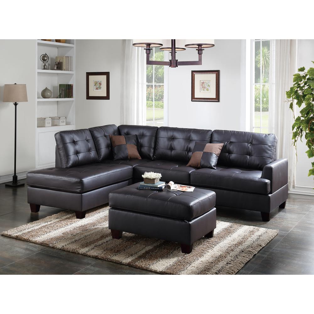 Poundex 3 Piece Faux Leather Sectional Set with Ottoman in Espresso, 104" W x 75" D x 35" H, Package Weight 95. Picture 2