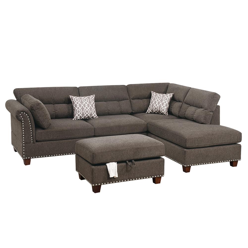 3 Piece Fabric Sectional Sofa Set with Storage Ottoman in Tan Brown. Picture 2