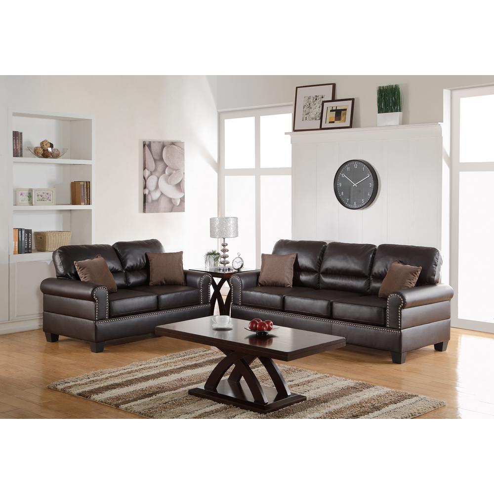 Poundex 2 Piece Sofa and Loveseat Set in Espresso Faux Leather. Picture 7