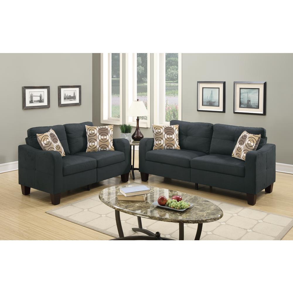 Poundex 2 Piece Sofa and Loveseat Set in Black Fabric, Sofa 72" W x 32" D x 35" H, Loveseat 58" W x 32" D x 35" H, Package Weight 88. Picture 6