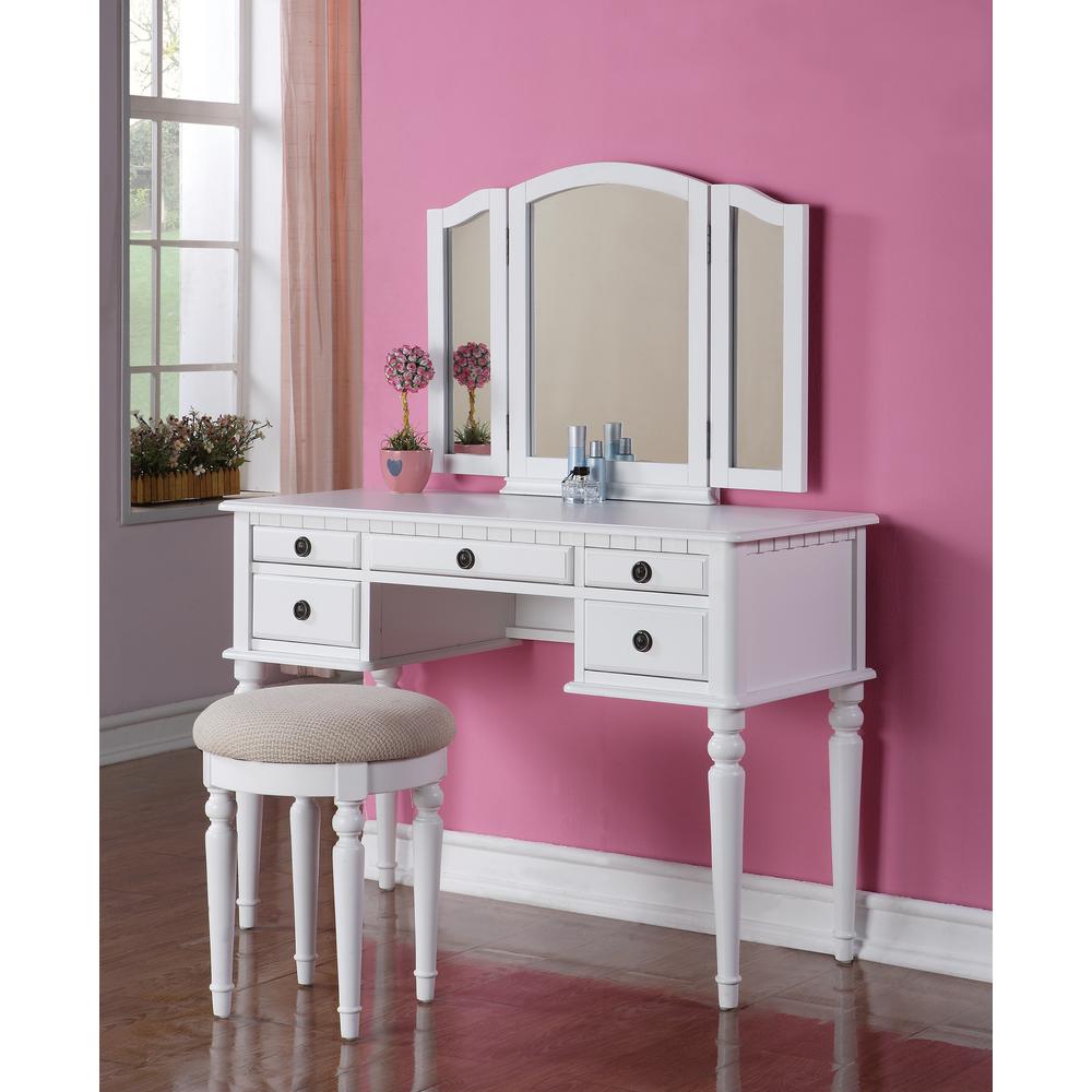 Poundex Wooden Makeup Vanity Set Desk, Mirror and Stool - White , 43" W x 19" D x 54" H, Package Weight 91. Picture 8