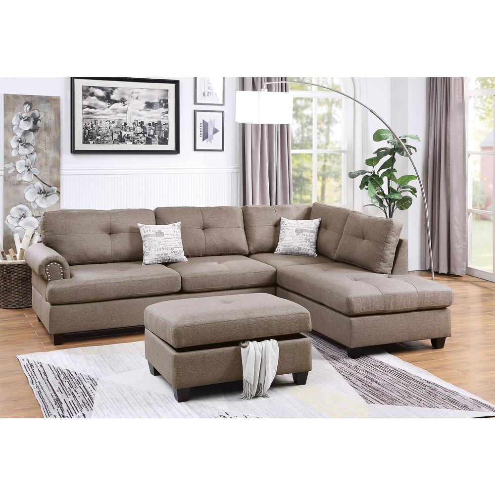 Poundex 3 Piece Fabric Sectional Set with Storage Ottoman in Light Coffee, 107" W x 75" D x 35" H, Package Weight 102. Picture 6