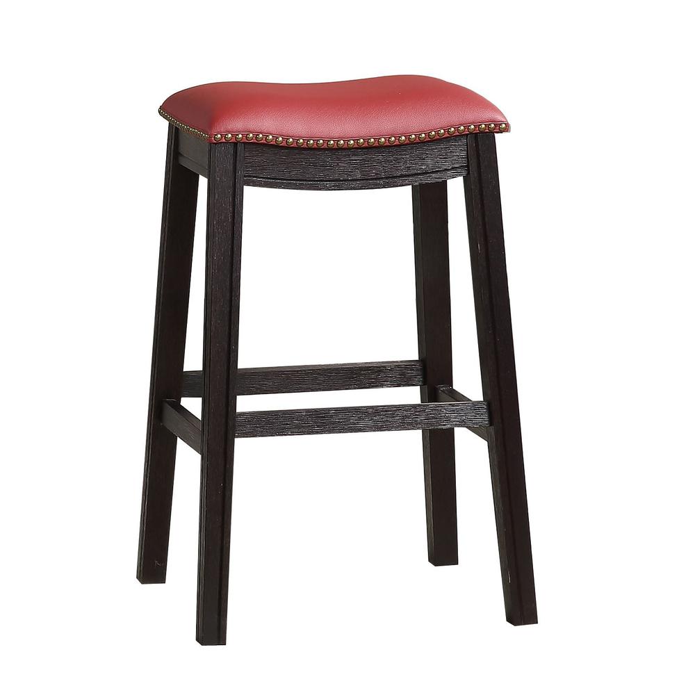 Poundex 29" Saddle Bar Stool in Burgundy Red Faux Leather (Set of 2), 20" W x 16" D x 29" H, Package Weight 34. Picture 1