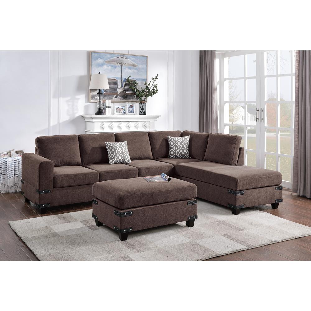 Poundex 3 Piece Fabric Sectional Set with Ottoman in Chocolate, 112" W x 84" D x 35" H, Package Weight 101. Picture 1