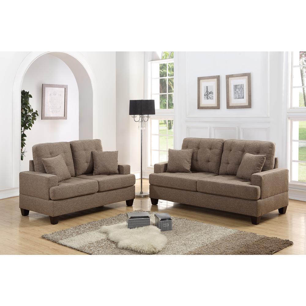 Poundex 2 Piece Fabric Sofa Loveseat Set in Coffee, Sofa 72" W x 33" D x 35" H, Loveseat 56" W x 33" D x 35" H, Package Weight 83. Picture 4