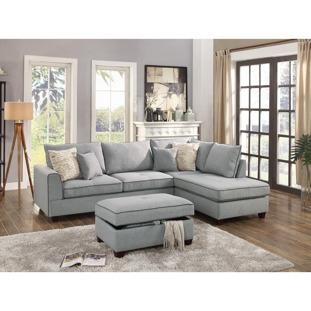 Poundex 3 Piece Fabric Sectional with Storage Ottoman in Light Gray, 105" W x 75" D x 35" H , Package Weight 100. Picture 3
