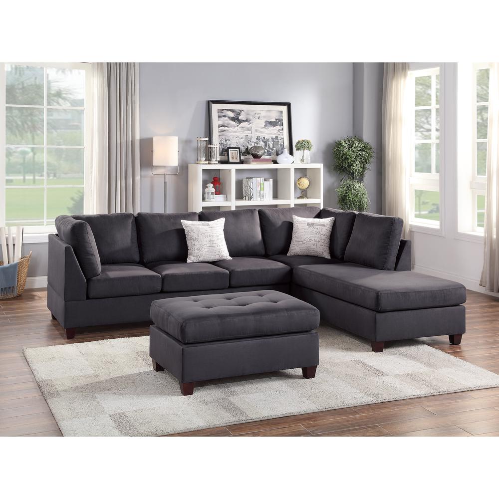 Poundex 3 Piece Fabric Sectional Set with Ottoman in Ebony Gray, 112" W x 84" D x 35" H, Package Weight 95. Picture 5
