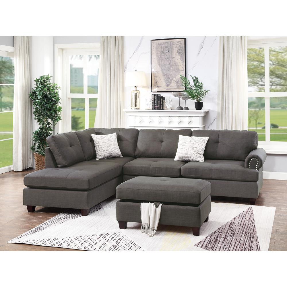 Poundex 3 Piece Fabric Sectional Set with Storage Ottoman in Black, 107" W x 75" D x 35" H, Package Weight 100. Picture 6